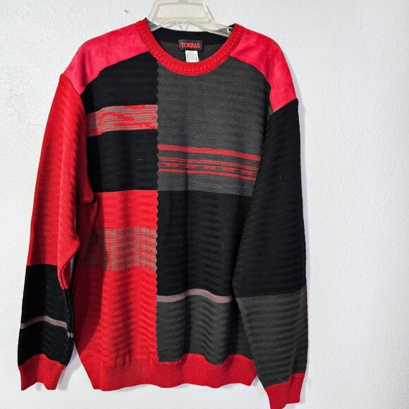 Vintage Torras Men's Red and Black Block Print Sweater Retro Wool Blend Size L - Picture 7 of 10